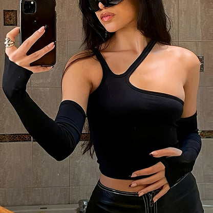 Sixsr  Solid Halter Neck Crop Top, Stylish Skinny Top With Arm Sleeve, Women's Clothing