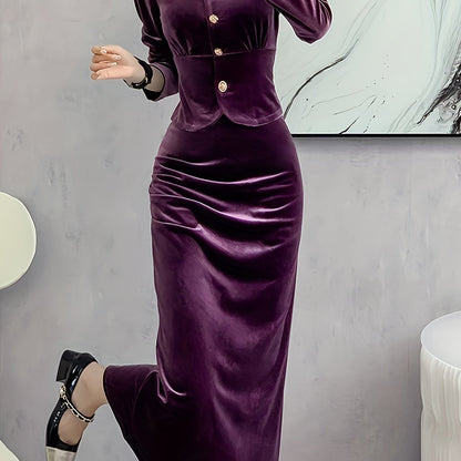 Sixsr Solid Bodycon Two-piece Set, Button Front Long Sleeve Tops & High Waist Midi Skirts Outfits, Women's Clothing