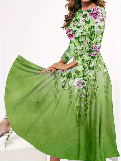 Sixsr Vintage Floral Print Dress, Elegant Crew Neck Long Sleeve Dress, Women's Clothing