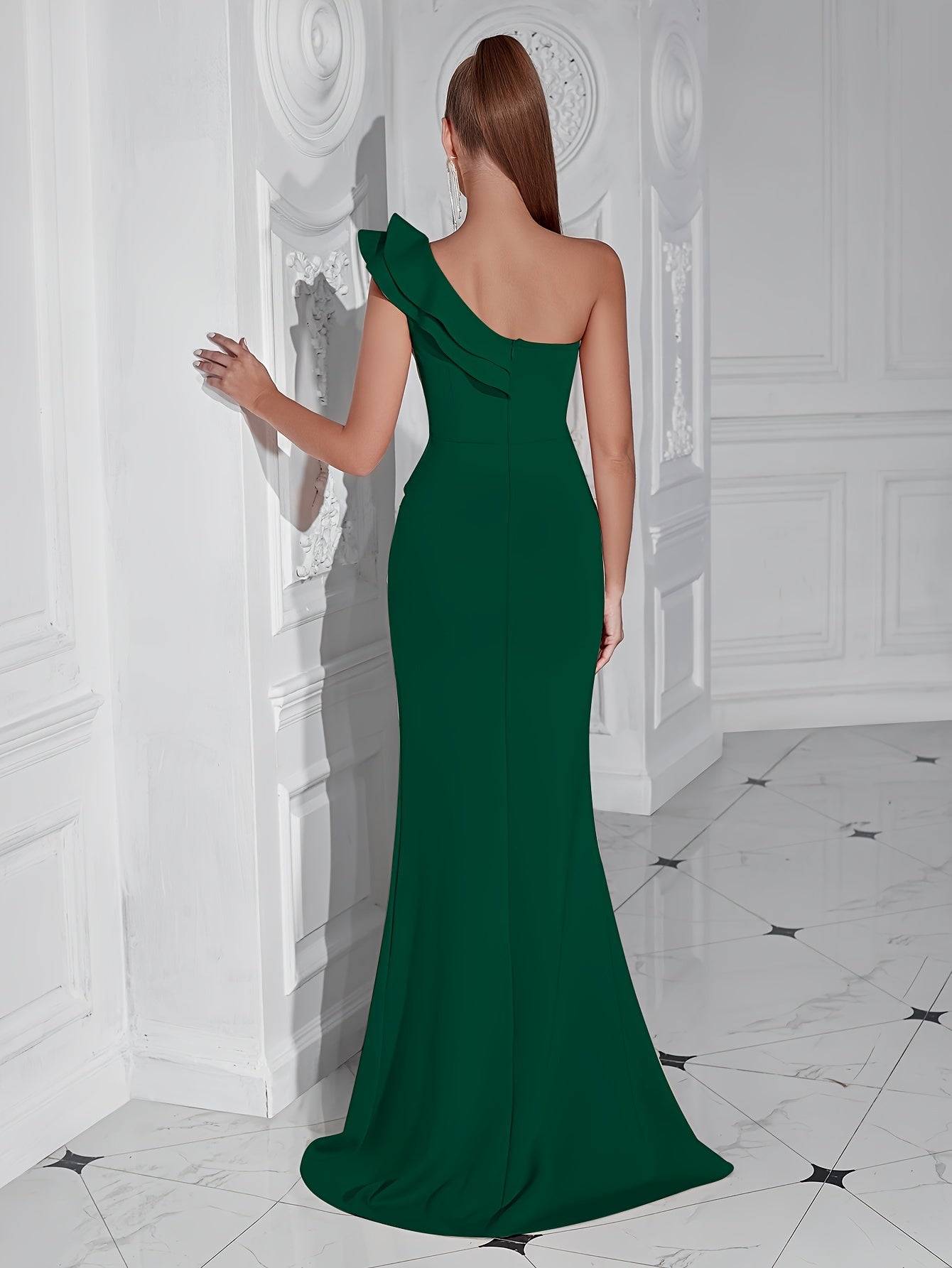 One Shoulder Ruffle Trim Dress, Elegant Slit Backless Floor Length Bodycon Dress For Party & Banquet, Women's Clothing