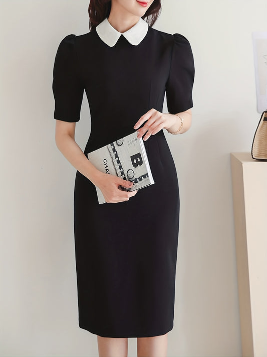 Sixsr Flat Collar Bodycon Dress, Elegant Short Sleeve Midi Dress, Women's Clothing