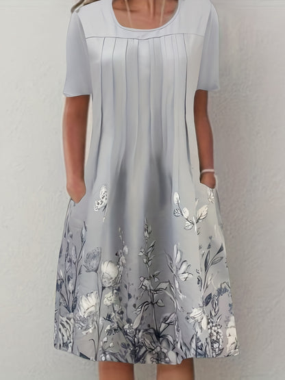 Sixsr Floral Print Pleated Front Dress, Casual Short Sleeve Dual Pockets Dress, Women's Clothing