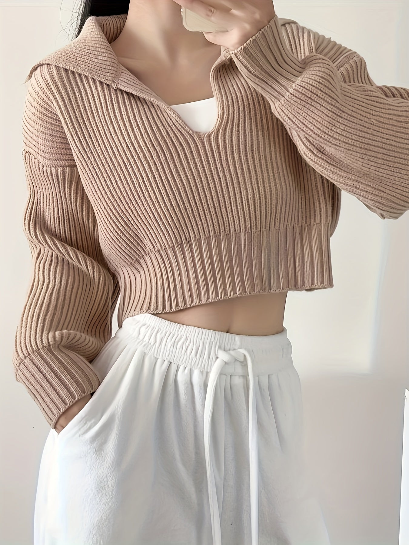 Sixsr Solid Crop Rib Knit Sweater, Casual Long Sleeve V Neck Sweater, Women's Clothing