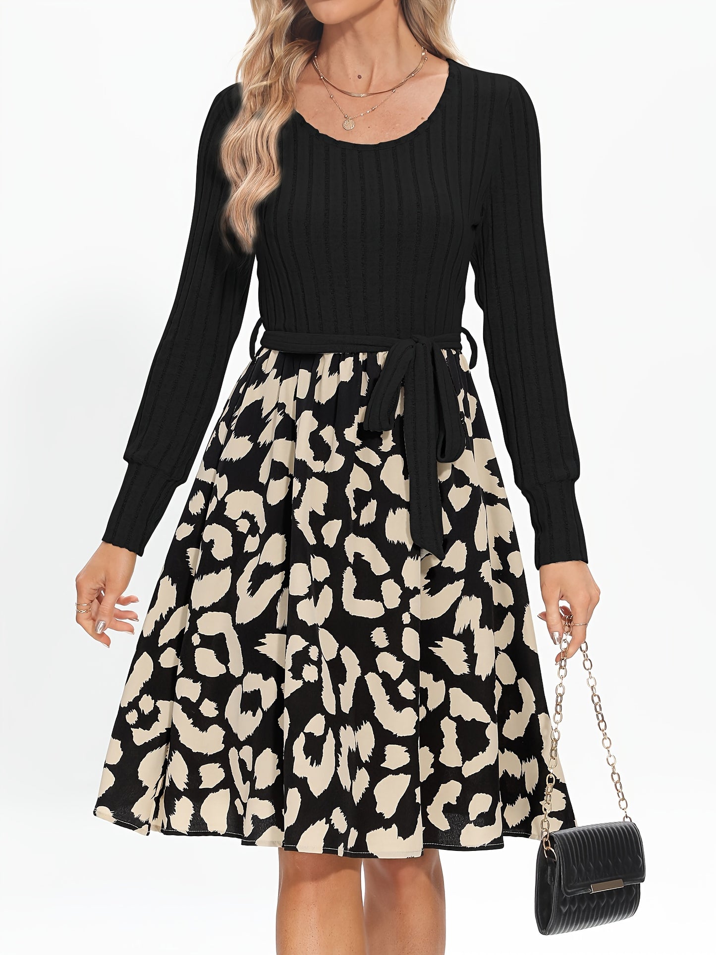 Sixsr Leopard Print Splicing Dress, Elegant Crew Neck Long Sleeve Dress, Women's Clothing