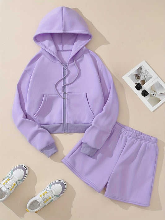 Sixsr Solid Casual Two-piece Set, Zip Up Drawstring Hooded Tops & Elastic Waist Shorts Outfits, Women's Clothing