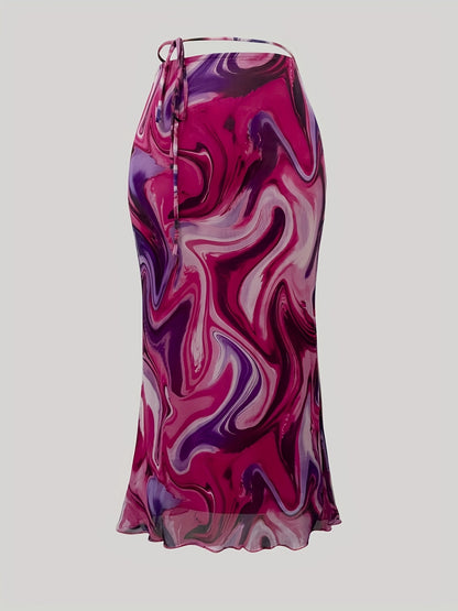 Sixsr All Over Print Tie Waist Mesh Skirt, Casual Skirt For Spring & Summer, Women's Clothing