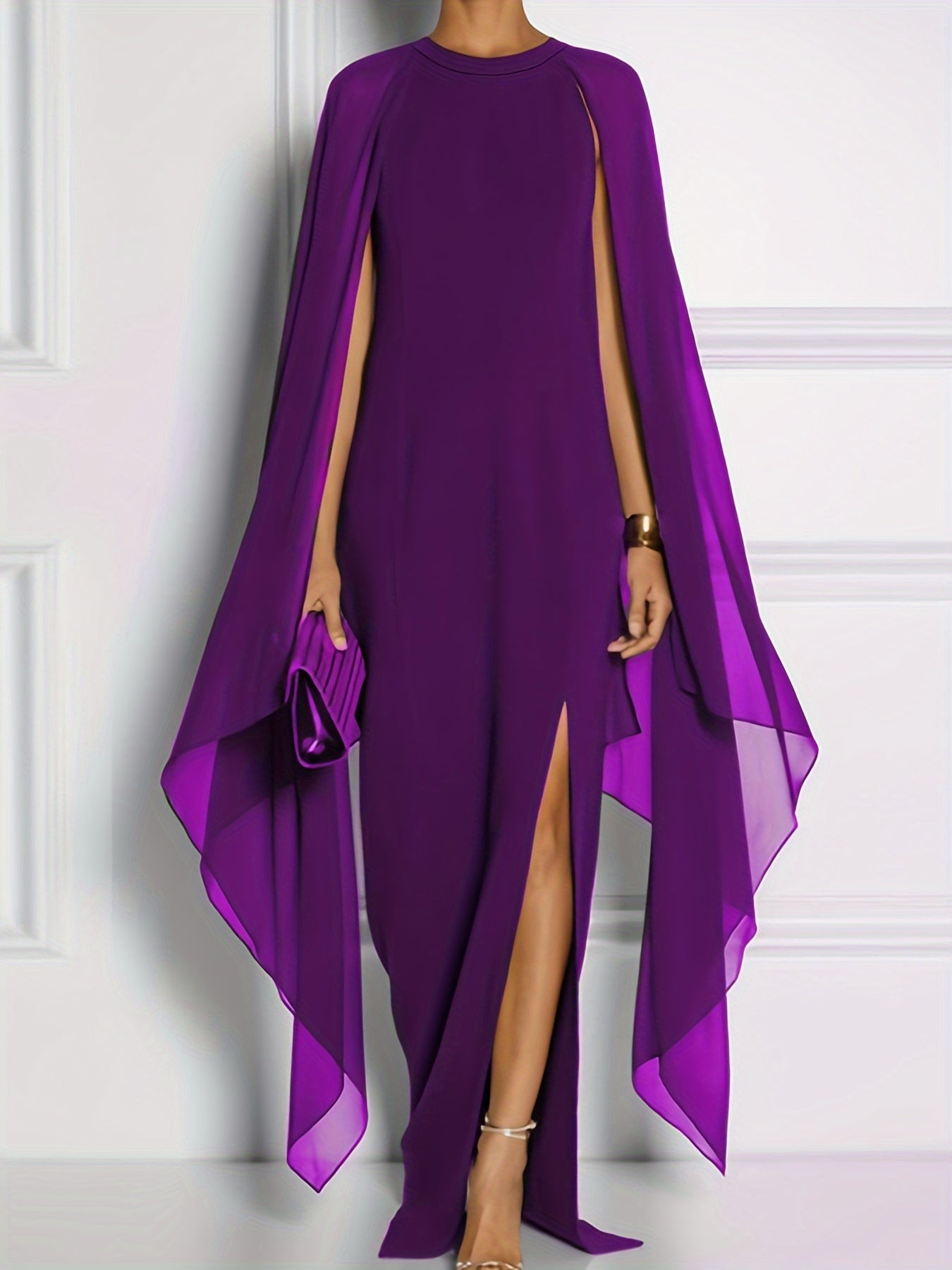 Sixsr Solid Color Cape Sleeve Dress, Halloween Crew Neck Split Hem Dress, Women's Clothing