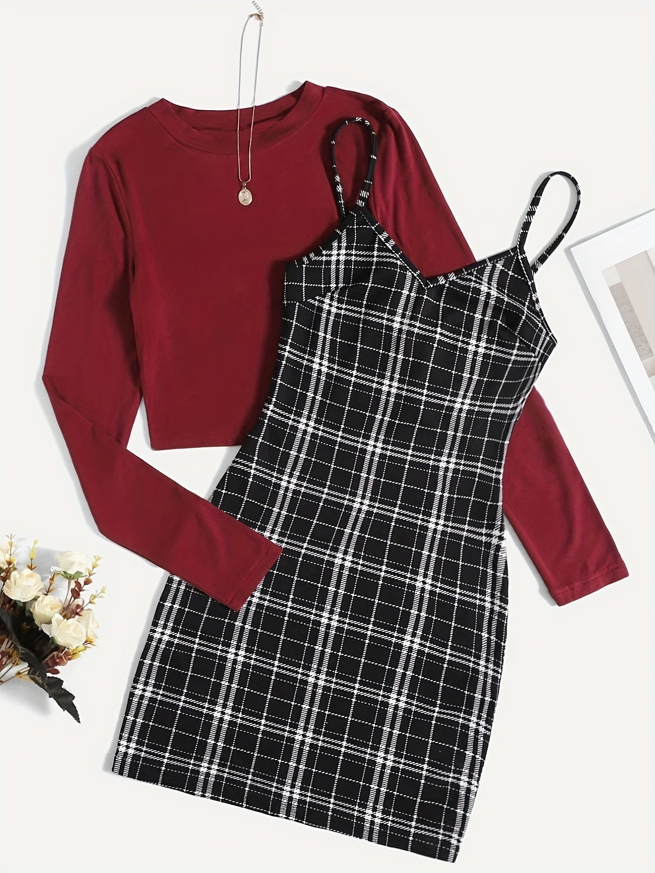 Preppy Two-piece Set, Solid Simple Long Sleeve Tops & Plaid Print Spaghetti Strap Dress Outfits, Women's Clothing