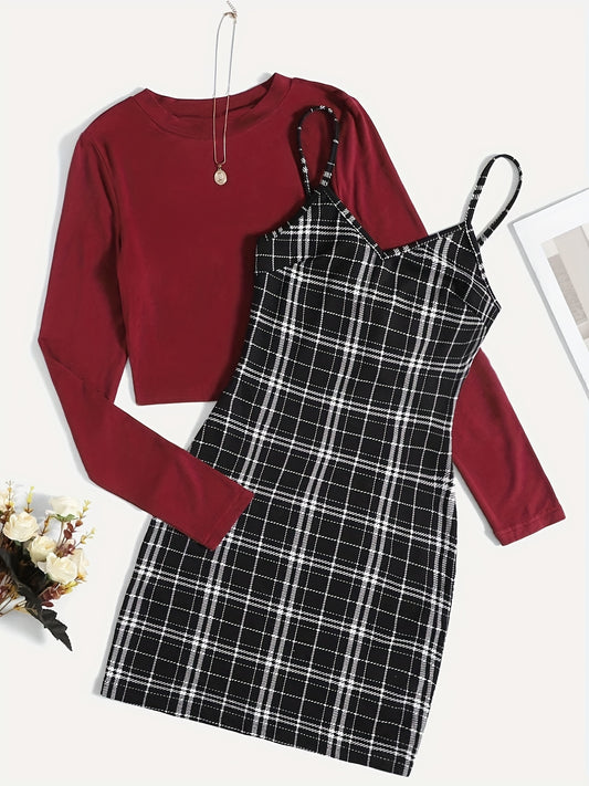 Preppy Two-piece Set, Solid Simple Long Sleeve Tops & Plaid Print Spaghetti Strap Dress Outfits, Women's Clothing