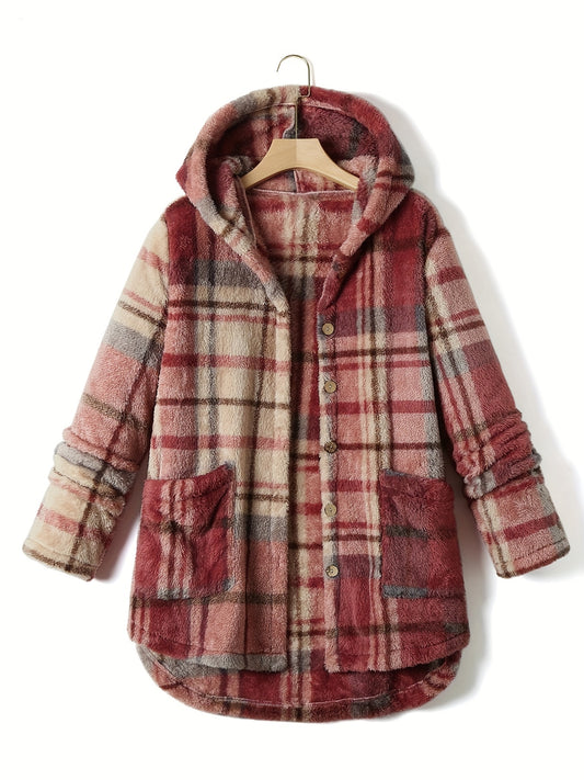 Sixsr Plus Size Casual Winter Coat, Women's Plus Plaid Pattern Fleece Liner Drop Shoulder Hooded Teddy Coat With Pockets