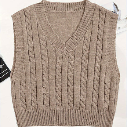 Sixsr Solid V Neck Cable Knit Vest, Elegant Sleeveless Sweater Vest, Women's Clothing