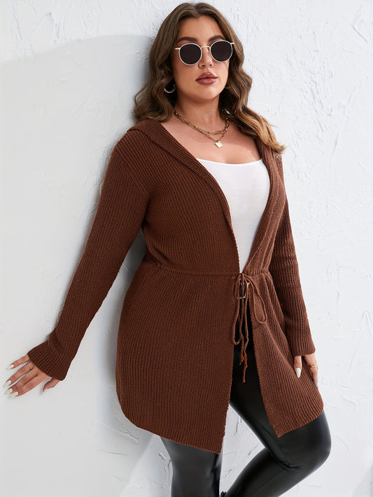Sixsr Plus Size Solid Drawstring Hoodie Cardigan, Women's Plus Slight Stretch Casual Cardigan
