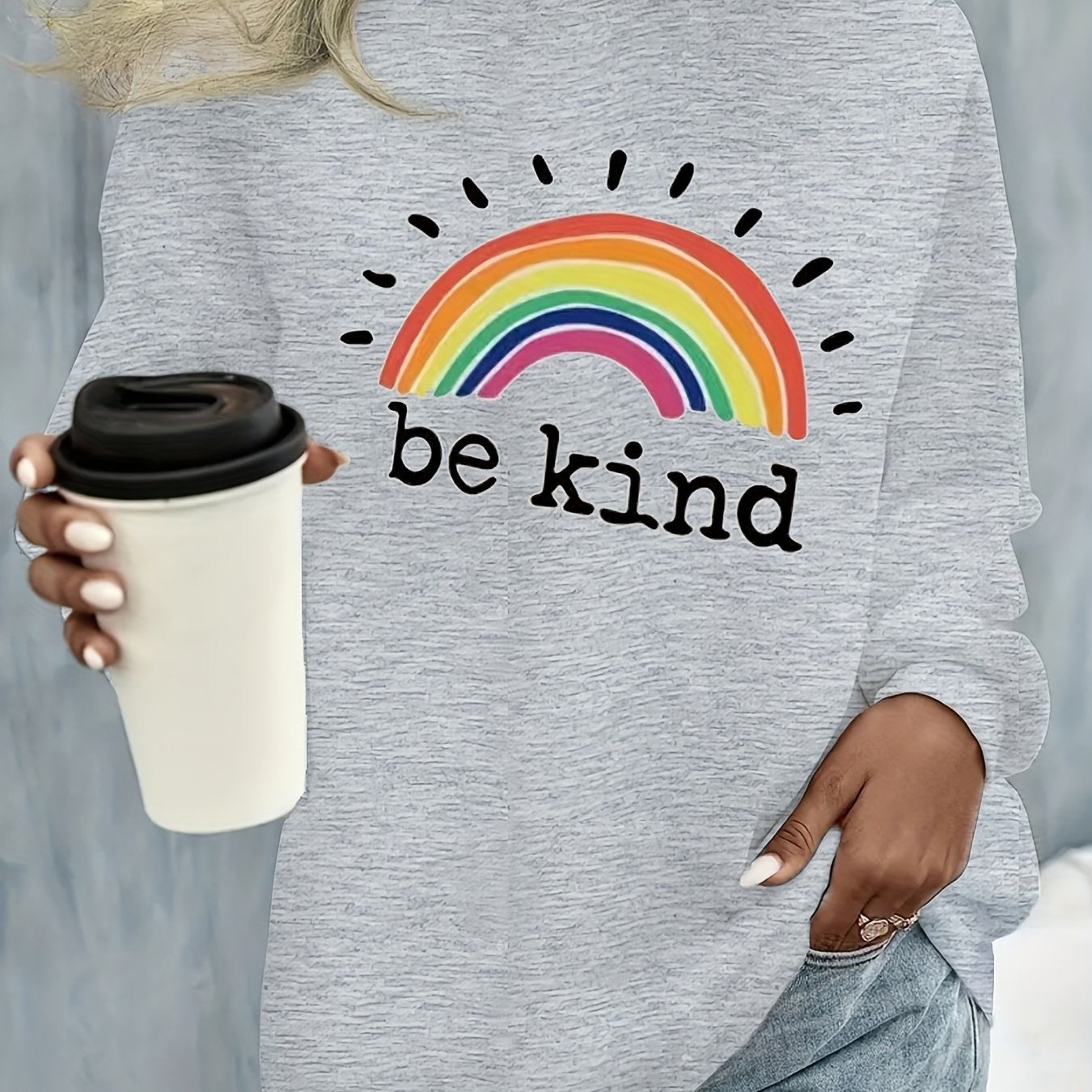 Sixsr Plus Size Casual Sweatshirt, Women's Plus Rainbow & Slogan Print Long Sleeve Round Neck Slight Stretch Sweatshirt