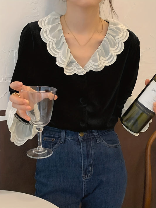 Sixsr Contrast Lace Simple Blouse, Vintage V Neck Long Sleeve Blouse, Women's Clothing