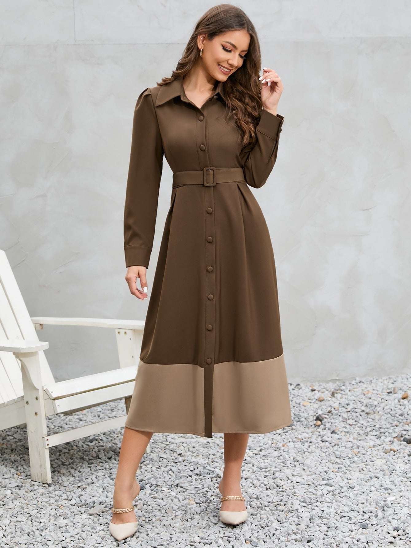 Women's Dresses Color Block Belted Shirt Elegant Dresses