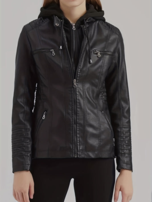 Sixsr Hooded Faux Leather Jacket, Casual Zipper Long Sleeve Outerwear, Women's Clothing