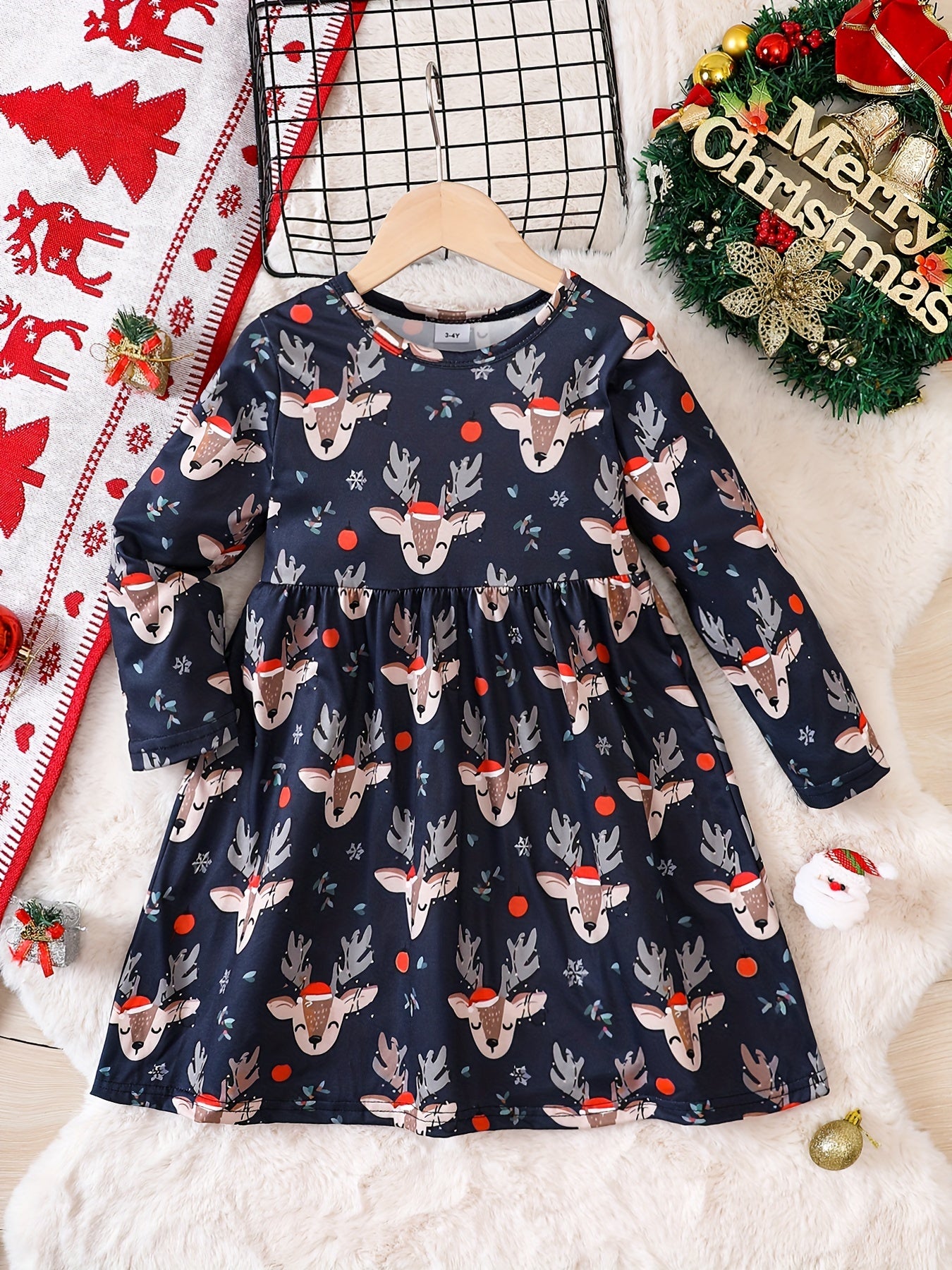 Adorable Reindeer Graphic Crew Neck Long Sleeve Dress for Kids - Soft, Comfortable, and Stylish Fall Christmas Outfit for Girls - Perfect for Holiday Parties and Casual Wear