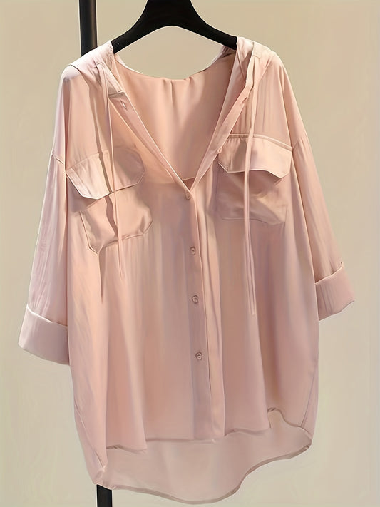 Sixsr Solid Pocket Button Hooded Blouse, Casual Drawstring Blouse For Spring & Summer, Women's Clothing