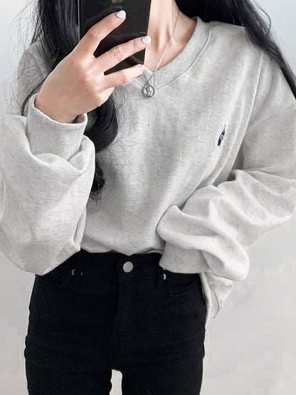Sixsr Bear Pattern Embroidered Sweatshirt, Casual Long Sleeve V Neck Sweatshirt For Fall & Winter, Women's Clothing