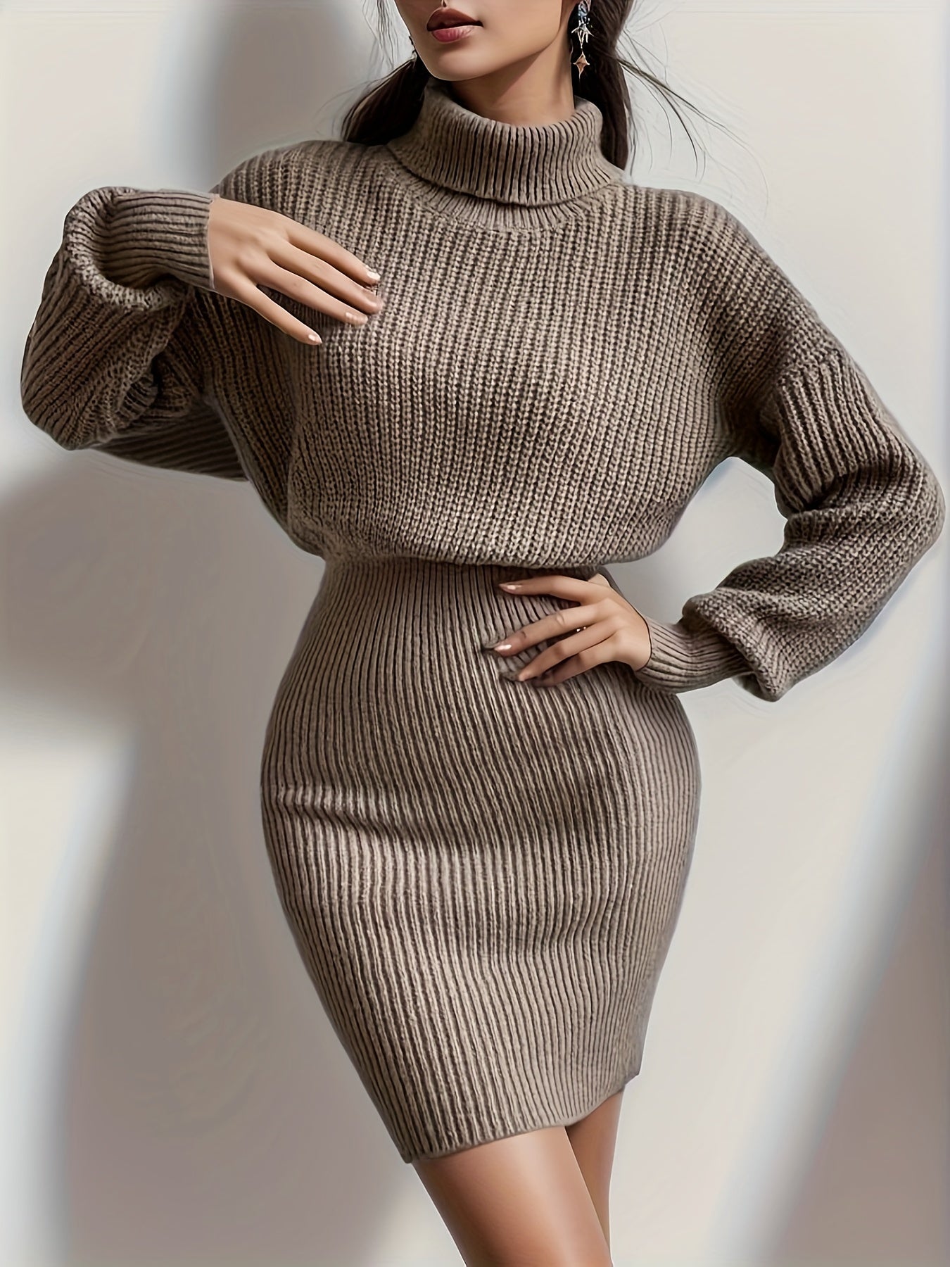 Sixsr Turtleneck Sweater Dress, Casual Solid Long Sleeve Bodycon Dress, Women's Clothing