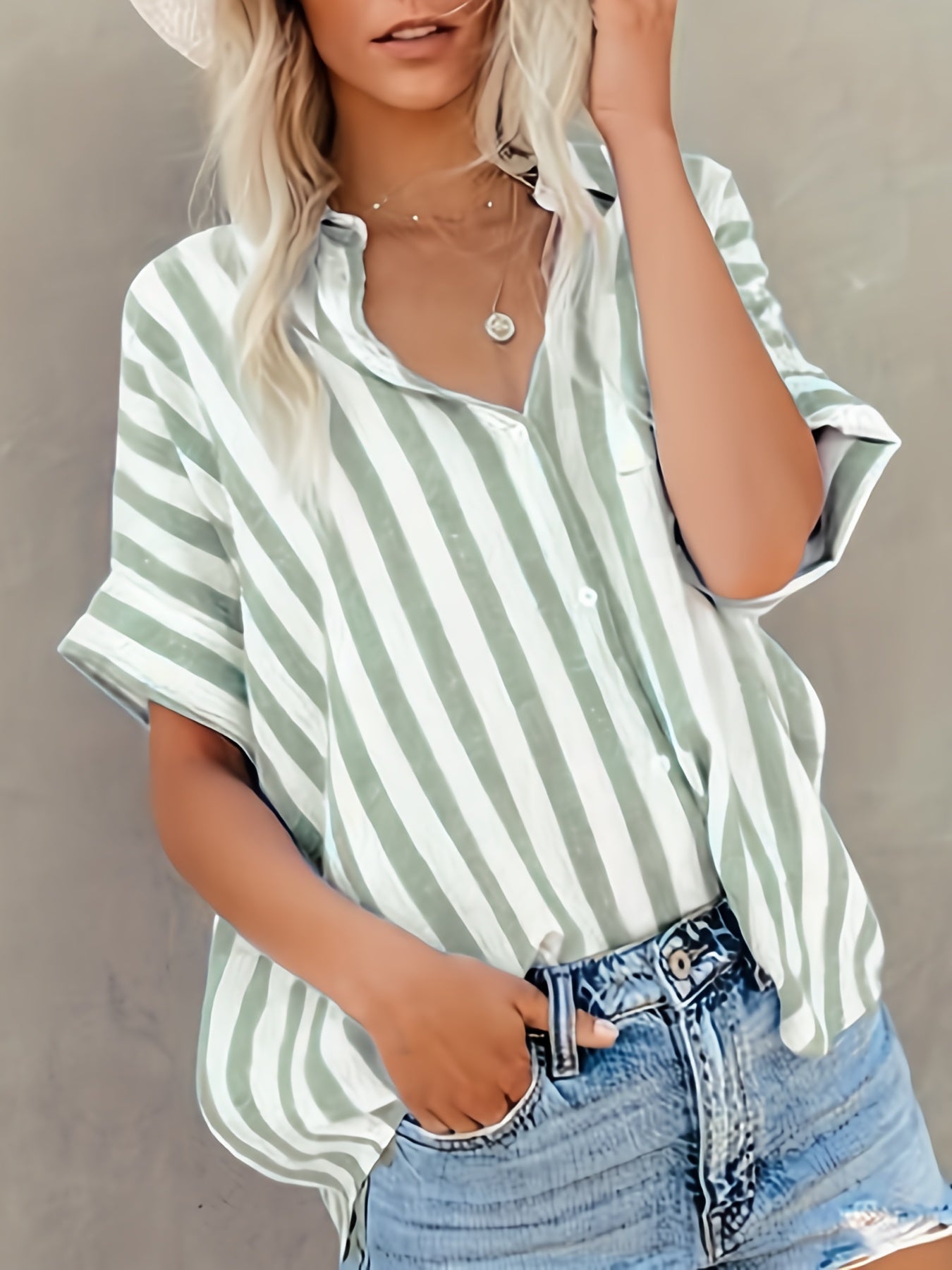 Sixsr Button Up Striped Shirt, Loose Casual Top For Spring & Summer, Women's Clothing