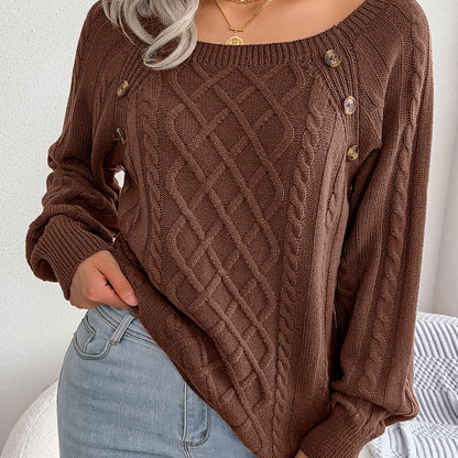 Cozy Women's Sweater with Textured Button Lantern Sleeves