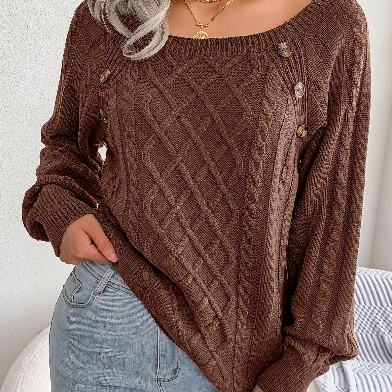 Cozy Women's Sweater with Textured Button Lantern Sleeves