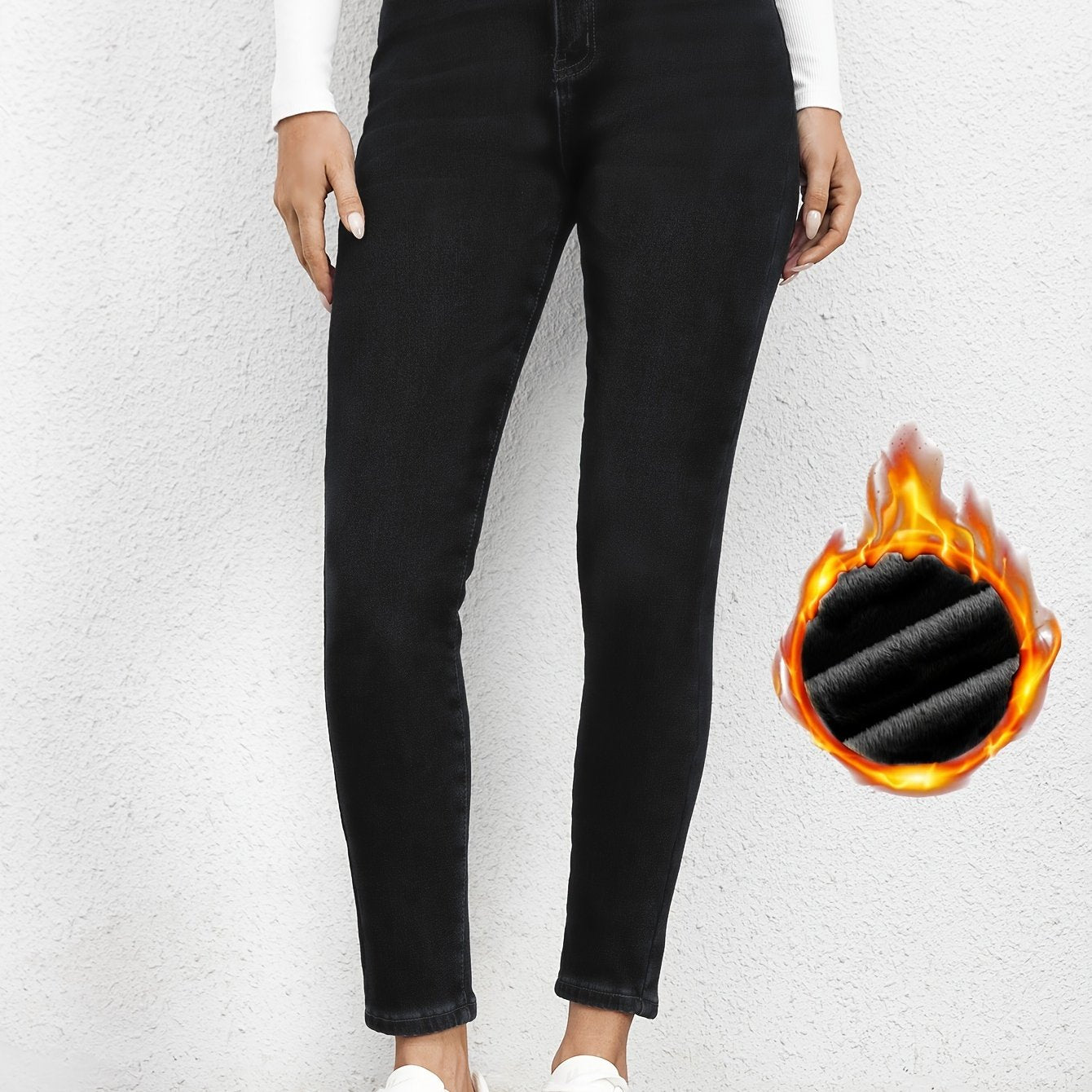 Sixsr Plain Fleece Liner Skinny Jeans, Slim Fit Mid-Stretch Keep Warm Casual Denim Pants, Women's Denim Jeans & Clothing