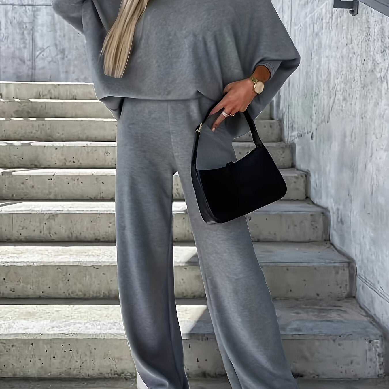 Sixsr Casual Solid Two-piece Set, One-shoulder Loose Top & Wide Leg Pants Outfits, Women's Clothing