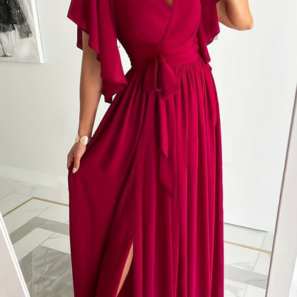 Elegant Plus Size Maxi Dress with Ruffle Sleeves and High Split Hem - Perfect for Special Occasions