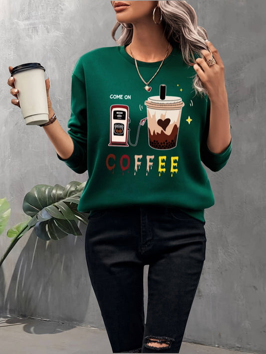 Sixsr Coffee & Letter Pattern Pullover Sweatshirt, Casual Long Sleeve Crew Neck Sweatshirt For Fall & Winter, Women's Clothing