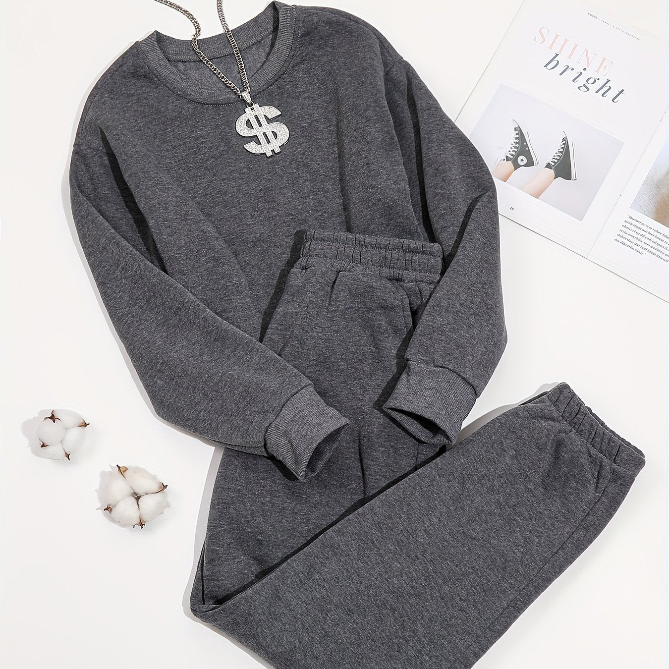 Sixsr 2pcs Long Sleeve Casual Sports Sets, Fleece Liner Crew Neck Pullover Sweatshirt & Casual Loose Sweatpants, Women's Activewear