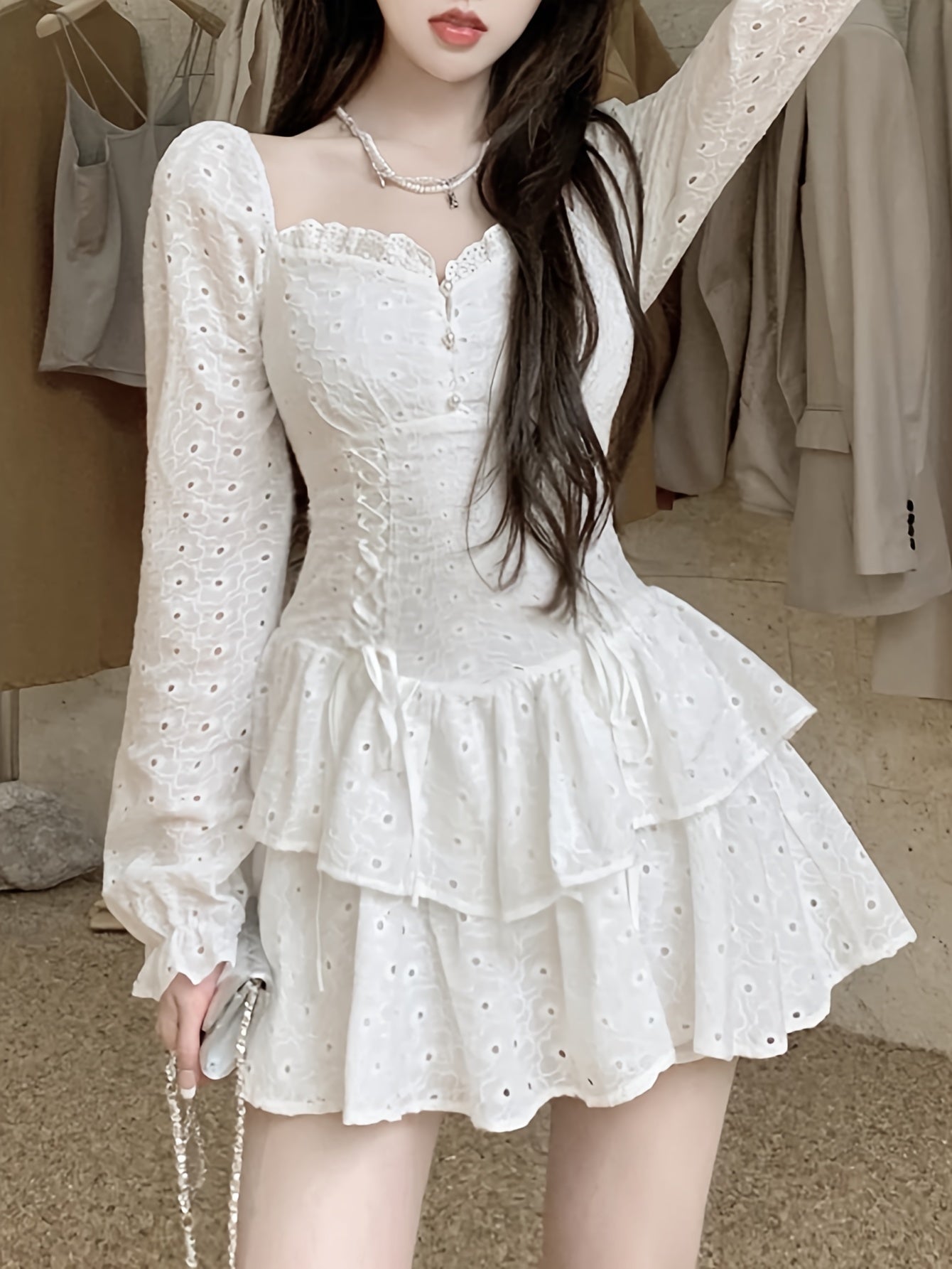 Sixsr Eyelet Embroidered Flare Sleeve Layer Ruffle Dress, Elegant Frill Trim Sweetheart Neck Waist Dress, Women's Clothing