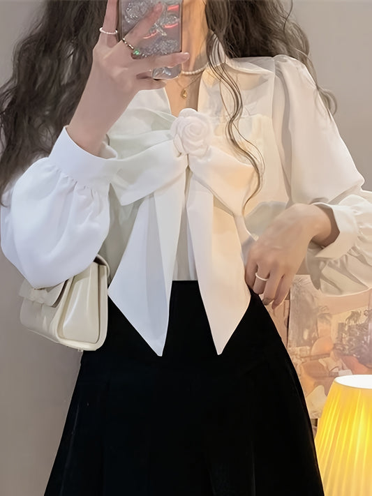 Sixsr Solid Floral Tie Decor Blouse, Vintage Long Sleeve Blouse For Spring & Fall, Women's Clothing
