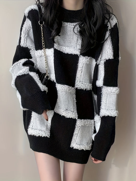 Sixsr Plaid Crew Neck Pullover Sweater, Casual Long Sleeve Oversized Thick Sweater, Women's Clothing