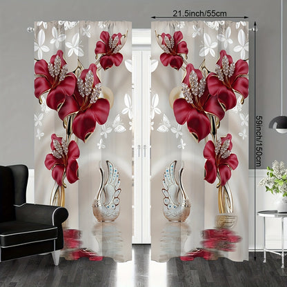 2pcs Floral Printed Curtains, Rod Pocket Window Drapes, Window Treatments For Bedroom Living Room, Home Decoration, Room Decoration