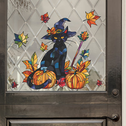 Festive Halloween Wall Decal: Black Cat, Pumpkins, and Fall Leaves - 38cm x 15inch - Contemporary Design - Self-Adhesive - Durable Vinyl - Perfect for Glass Windows and Doors