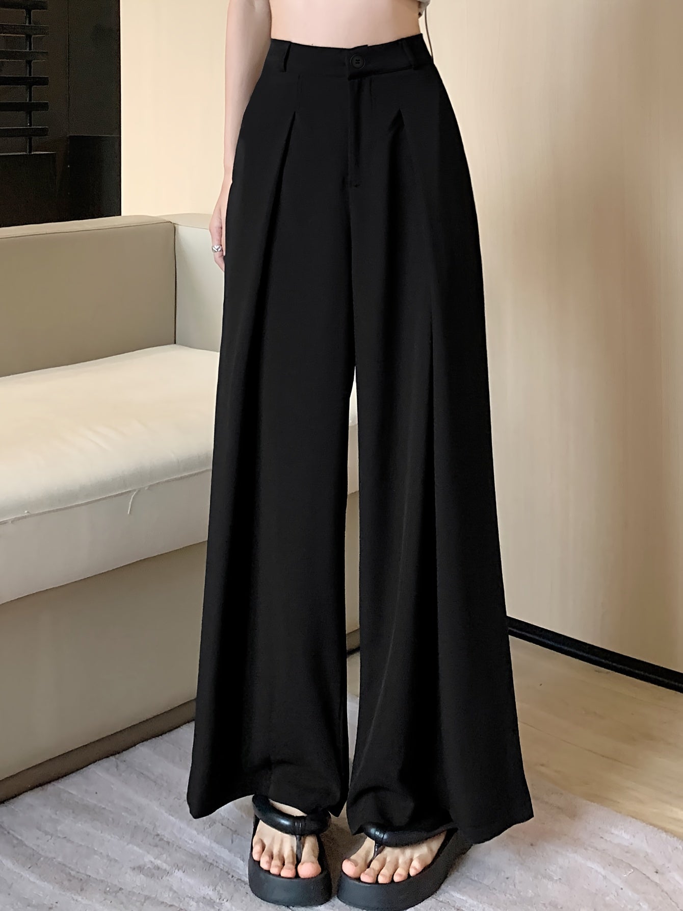 Sixsr Solid Button Front Wide Leg Pants, Versatile High Waist Pants For Spring & Fall, Women's Clothing