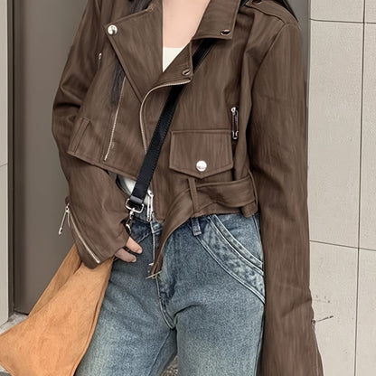 Sixsr Solid Zipper Lapel Belted Biker Jacket, Vintage Long Sleeve Crop Jacket For Fall & Winter, Women's Clothing