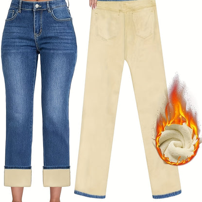 Sixsr High Waist Warm Winter Straight Jeans, High-stretch Fleece Liner Comfortable Denim Pants, Women's Denim Jeans & Clothing