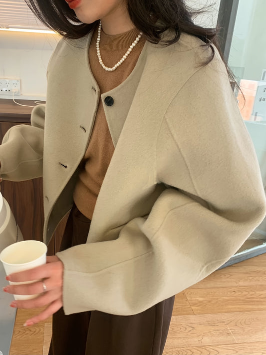 Sixsr Button Front Solid Fall & Winter Jacket, Elegant Crew Neck Long Sleeve Outerwear, Women's Clothing