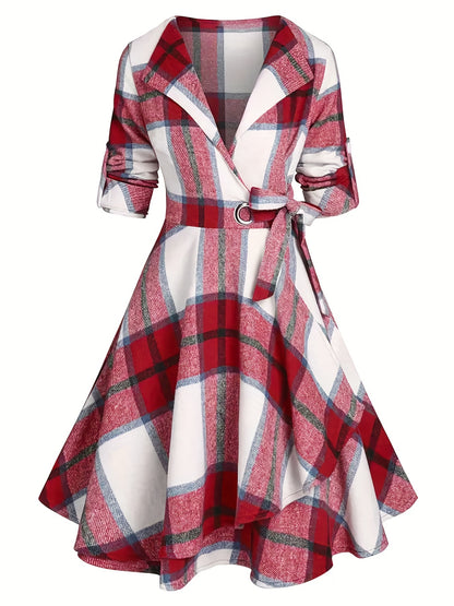 Women's Plus Size Plaid Print Dress with Roll-Up Sleeves, Lapel Collar, and Belted Waist - Comfortable and Stylish