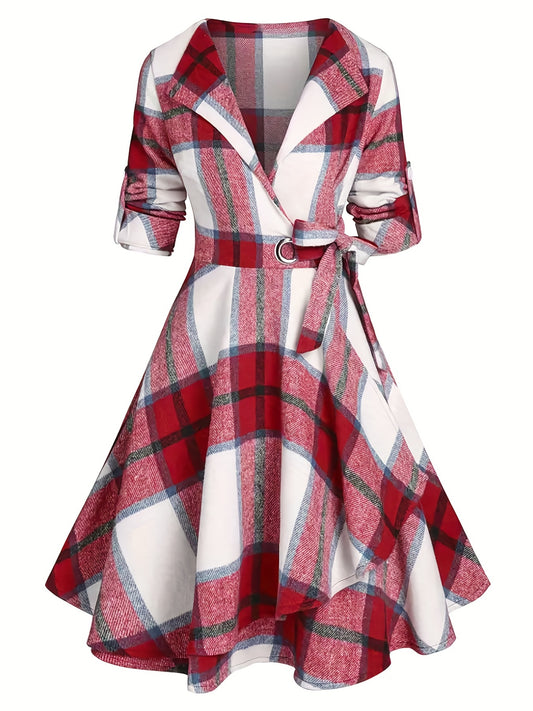 Women's Plus Size Plaid Print Dress with Roll-Up Sleeves, Lapel Collar, and Belted Waist - Comfortable and Stylish