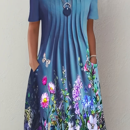 Sixsr Floral Print Pleated Front Dress, Casual Short Sleeve Dual Pockets Dress, Women's Clothing