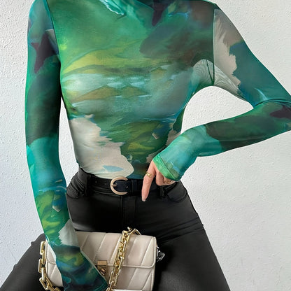 Sixsr  Tie Dye Mock Neck Top, Versatile Long Sleeve Top For Spring & Fall, Women's Clothing