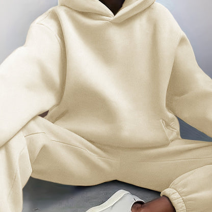 Sixsr Casual Solid Two-piece Set, Drop Shoulder Long Sleeve Hoodies & Elastic Waist Jogger Pants Outfits, Women's Clothing