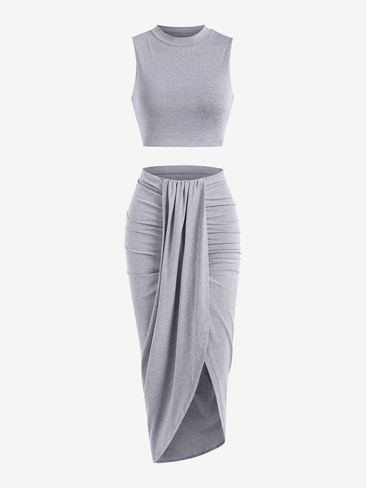 Two-piece Skirt Set, Crop Tank Top & Ruched Split Front Skirt Outfits, Women's Clothing