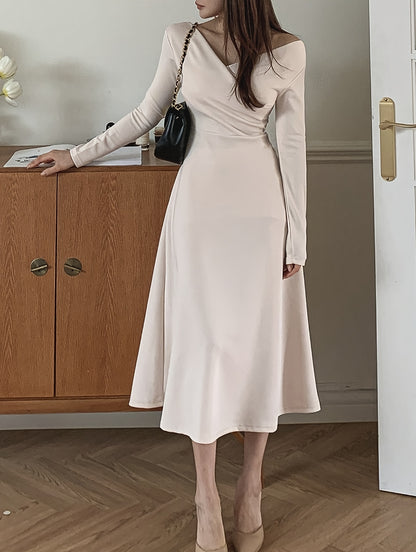 Sixsr Solid A-line Dress, Elegant V Neck Long Sleeve Dress For Spring & Fall, Women's Clothing