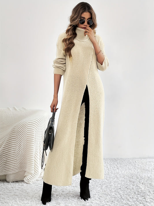 Sixsr Solid High Neck Split Dress, Elegant Long Sleeve Maxi Dress, Women's Clothing