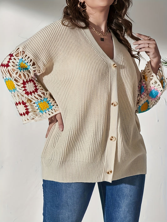 Sixsr Color Block Hollow Out Button Cardigan, Long Sleeve Cardigan For Spring & Fall, Women's Clothing